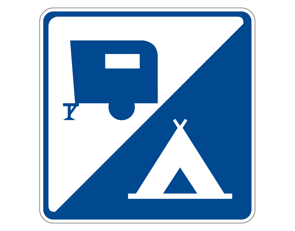 Square divided in two with an illustration of blue trailer in one corner and a white tent in the other corner