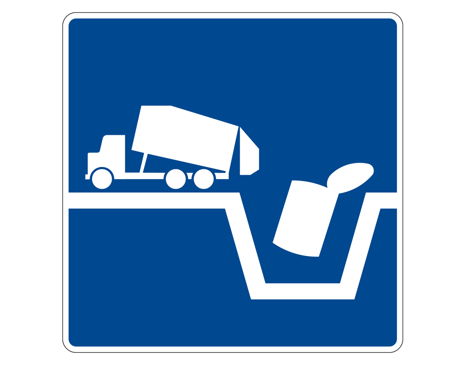 garbage truck tipping contents, tin can, into a hole - white on blue background