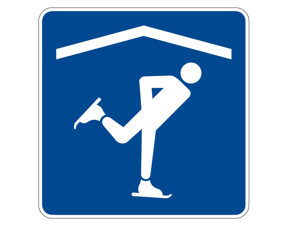 Illustration of white figure with ice skates; roof