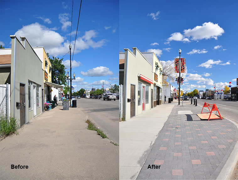 a before and after shot of the north side of the 500 block of 20th St West 
