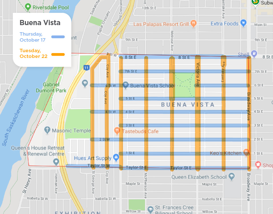 Buena Vista with yellow lines on Avenues for street sweeping on October 22 and blue lines on Streets for October 17