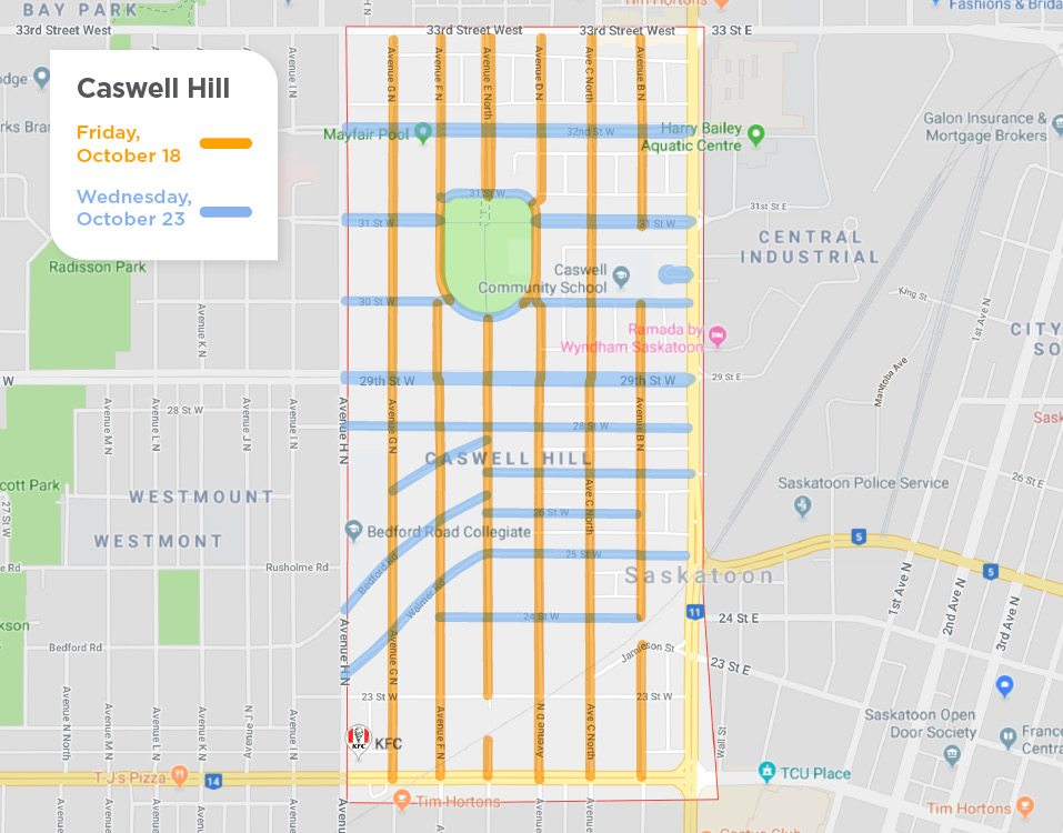 Caswell Hill with yellow lines on Avenues for street sweeping on October 18 and blue lines on Streets for October 23