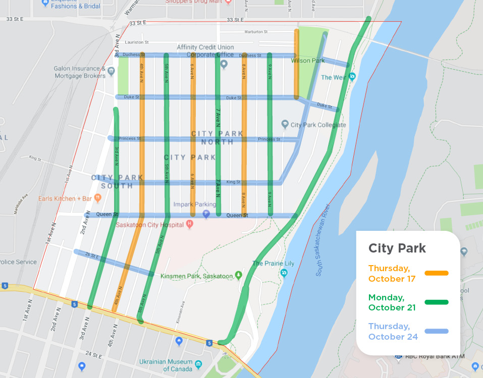 City Park with yellow lines on odd Avenues for street sweeping on October 21, green lines on even Avenues for street sweeping on October 17 and blue lines on Streets for October 24