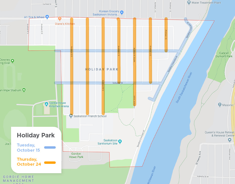 Holiday Park with yellow lines on Avenues for street sweeping on October 17 and blue lines on Streets for October 15