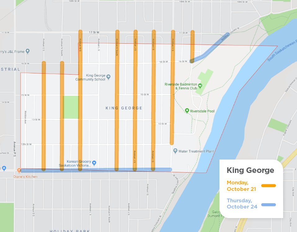 King George with yellow lines on Avenues for street sweeping on October 21 and blue lines on Streets for October 24