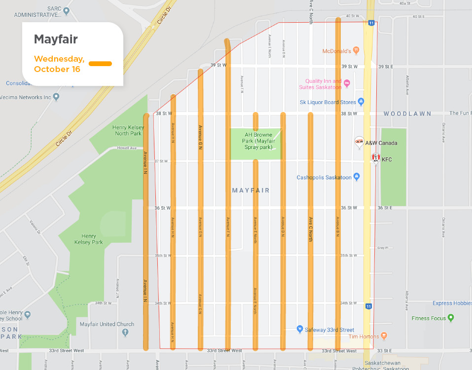 Mayfair with with yellow lines on Avenues for street sweeping on October 16.