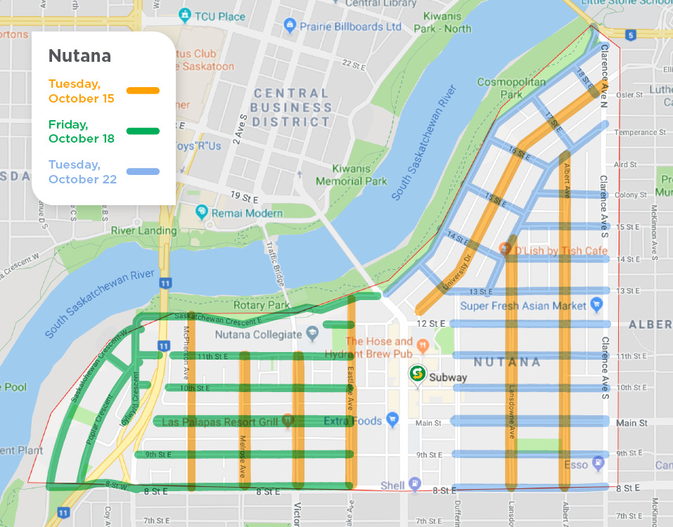 Nutana with yellow lines on Avenues for street sweeping on October 15, green lines on West Streets for street sweeping on October 18 and blue lines on East Streets for October 22