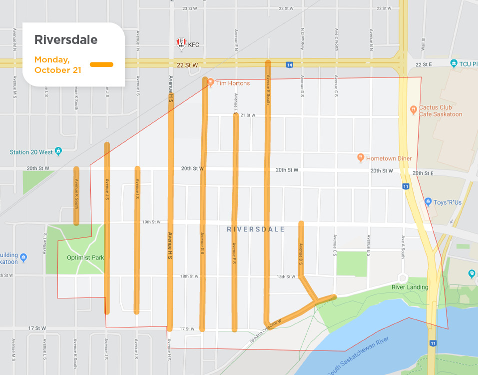 Riversdale with yellow lines on Avenues and Spadina Crescent for street sweeping on October 21.