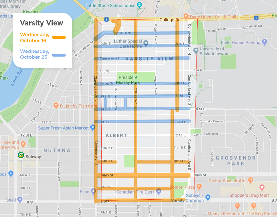 Varsity View with yellow lines on Avenues for street sweeping on October 16 and blue lines on Streets for October 23