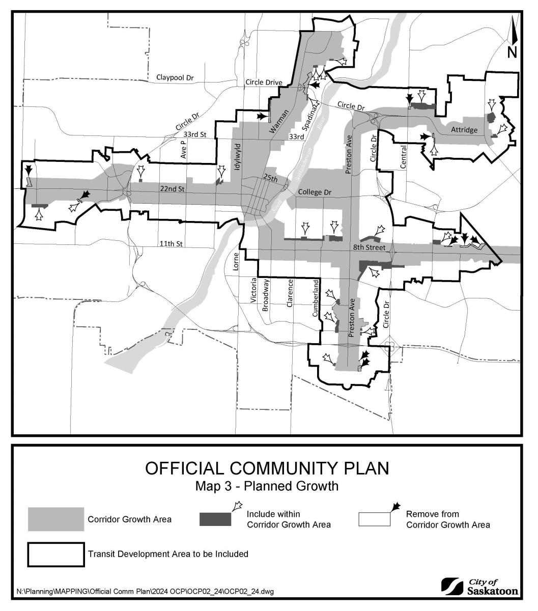 Map showing Corridor Growth boundary adjustments in all Corridor plan areas.