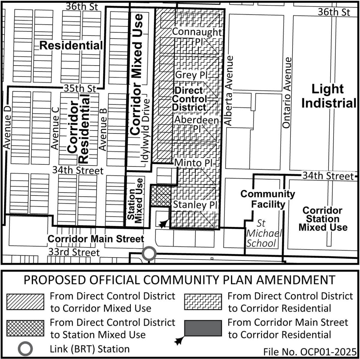 Proposed Official Community Plan Amendment. From Direct Control District, properties on Idylwyld Drive are proposed to change to Corridor Mixed Use and Station Mixed Use, and properties in the culs-de-sac are proposed to change to Corridor Residential.