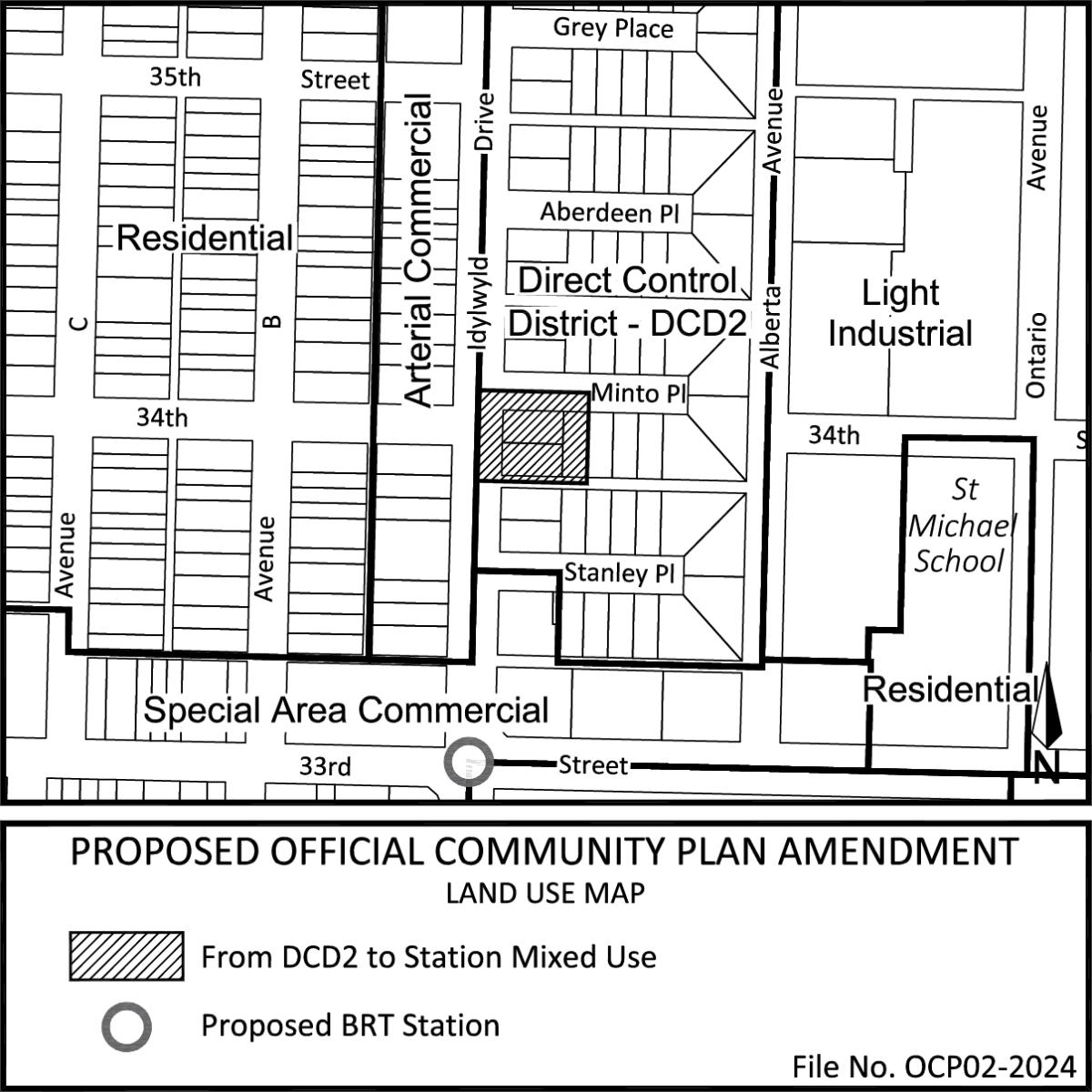 Map showing affected sites at Idylwyld Drive and Minto Place and proposed BRT station at Idylwyld Drive and 33rd Street