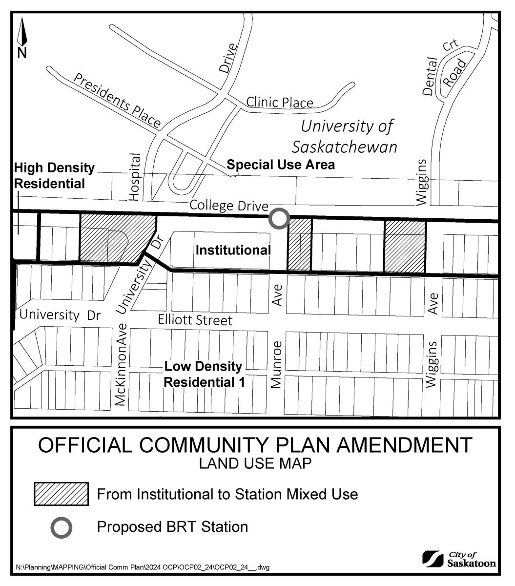 Map showing location of affected sites on College Drive and proposed BRT station at College Drive and Munroe Avenue