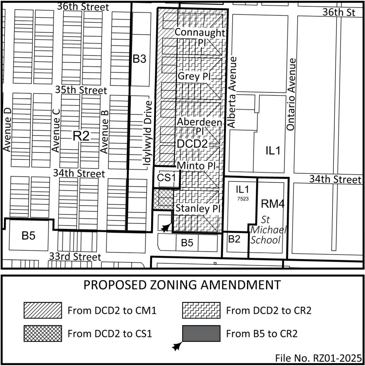 Proposed Zoning Bylaw Amendment. From DCD2, properties on Idylwyld Drive are proposed to change to Corridor Mixed-Use 1 and Corridor Station Mixed-Use 1, and properties in the culs-de-sac are proposed to change to Corridor Residential 2.