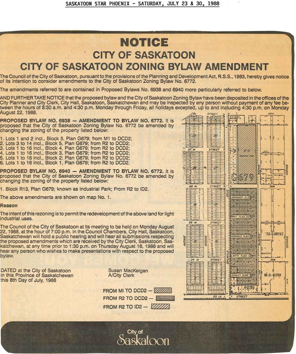 Public notice in the Star Phoenix for the August 22, 1988 City Council Public Hearing on the Direct Control District 2.